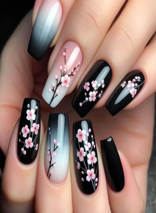 CJDLTS Flower Press on Nails Medium Ballet Shaped Black Gradient Artificial Fingernails Pink Plum Bossom Pattern Design Press Acrylic Fake Nail Full Cover Artificial Stick on Nails for Women Manicure Kit - Image 1